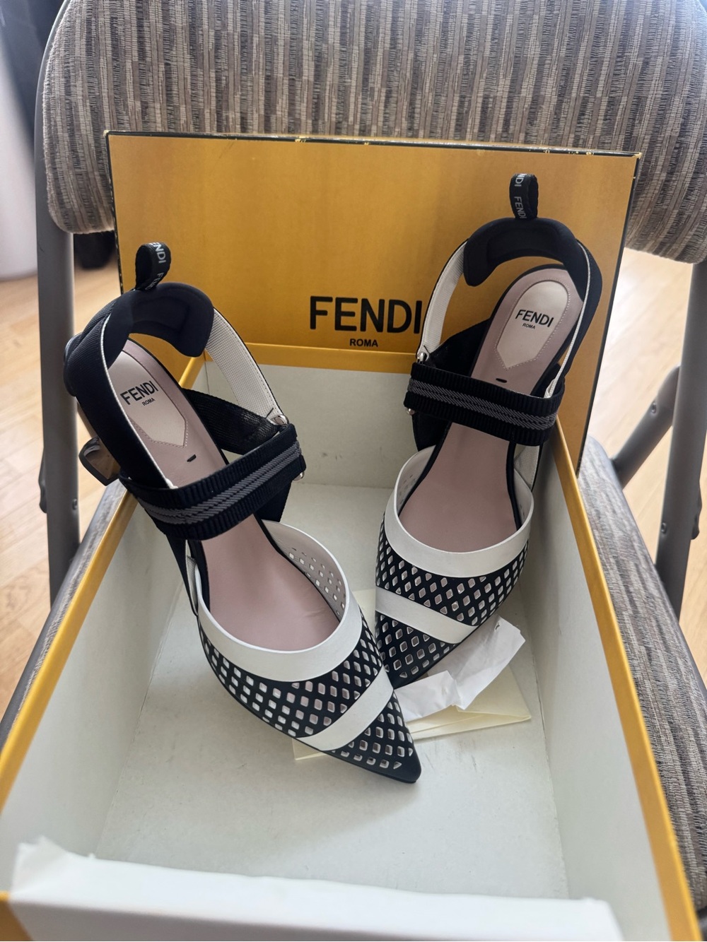 Fendi Black and White Pointed Toe Perforated Slingback Heels